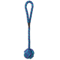 Introducing the Petmate Booda Wing-A-Ball Dog Toy, an interactive toy with a blue and purple twisted rope featuring a loop handle at the top and a large knot at the bottom, ideal for tug-of-war or fetch.