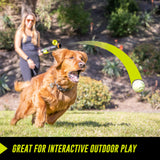 A golden retriever chases a ball in a grassy park as a woman with sunglasses stands in the background holding the Hyperpet K9 Kannon Pro Ball Launcher. Text overlay reads, Great for interactive playtime.