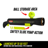 The Hyperpet K9 Kannon Pro Ball Launcher in black and green boasts features like a ball storage area with a yellow ball and green safety slide pump action. Ideal for interactive play, it launches balls up to 50 feet.