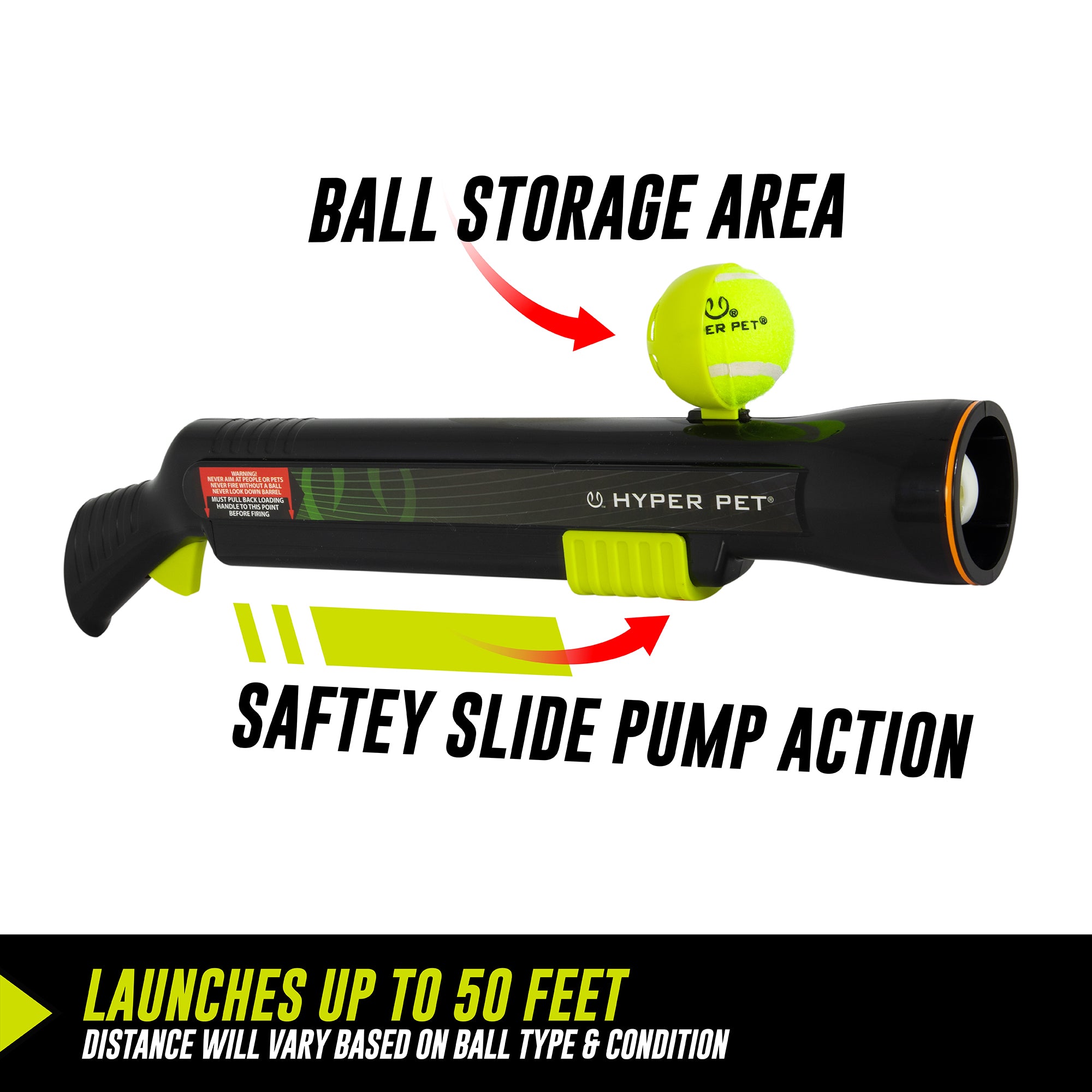 The Hyperpet K9 Kannon Pro Ball Launcher in black and green boasts features like a ball storage area with a yellow ball and green safety slide pump action. Ideal for interactive play, it launches balls up to 50 feet.