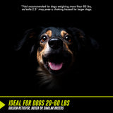 Against a dark backdrop, a black and brown dog with an open mouth has fun with the Hyper Pet K9 Kannon Pro Ball Launcher. Suitable for dogs 20-60 lbs, like Golden Retrievers and Boxers, but not recommended for dogs over 60 lbs.