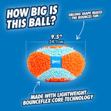 The Chuckit! Indoor Fumbler, by Chuckit, is a vibrant orange and blue ball with a textured surface against a blue background. Its oblong shape and Bounceflex Core technology ensure enhanced bouncing for endless indoor fetch fun, measuring 9.5 inches (24.1 cm) in diameter.