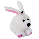 The Zoobilee Rabbit Squatters Plush Dog Toy features a plush white bunny with pink-lined ears, black eyes, a pink nose, and tiny pink paw pads, making it an ideal addition to any durable dog toy collection.