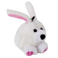 The Zoobilee Rabbit Squatters Plush Dog Toy features a plush white bunny with pink-lined ears, black eyes, a pink nose, and tiny pink paw pads, making it an ideal addition to any durable dog toy collection.