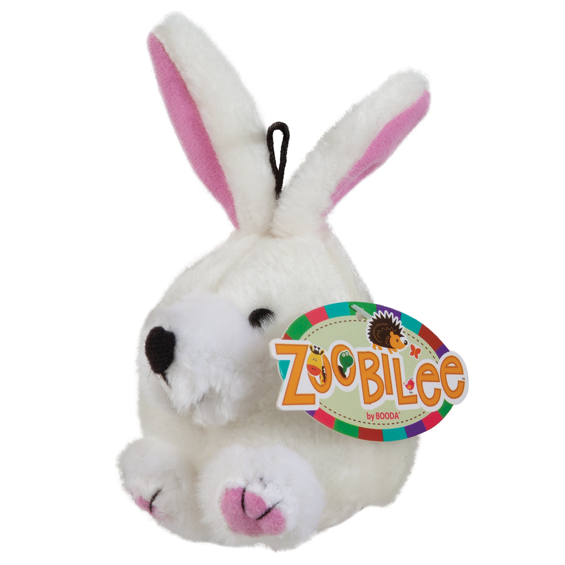 The Zoobilee Rabbit Squatters Plush Dog Toy is a white rabbit with pink ear linings and feet, featuring a black hanging loop. It includes a durable squeaker and has a colorful Zoobilee tag attached.