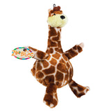 The Zoobilee Bellies Giraffe Dog Toy features a plush, round-bodied giraffe with a spotted brown and white pattern, long neck, floppy limbs, and a smiling face. Its colorful tag ensures durability and delight during playtime.