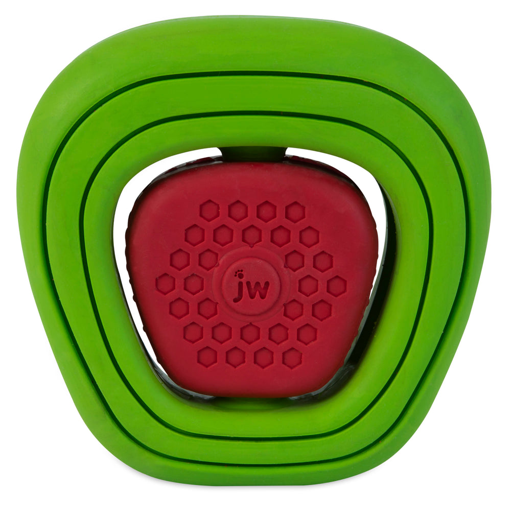 The JW Apple Core Chew-ee is a green, three-layered, rounded triangular dog toy with a red center featuring a hexagonal pattern and JW lettering. The red core is secured within the green outer layer and helps entertain your pet while aiding in teeth cleaning.