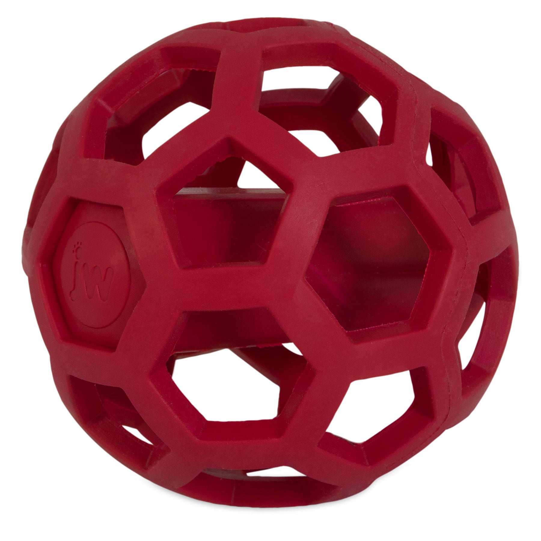 The JW Hol-ee Giggler Dog Toy by Jw is a red, hollow sphere featuring interlocking hexagons and pentagons in a geodesic design, crafted from natural rubber with the logo visible on one side.