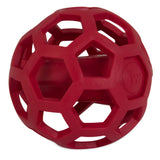 The JW Hol-ee Giggler Dog Toy by Jw is a red, natural rubber toy with a spherical lattice design, hexagonal cutouts, and an embossed logo.