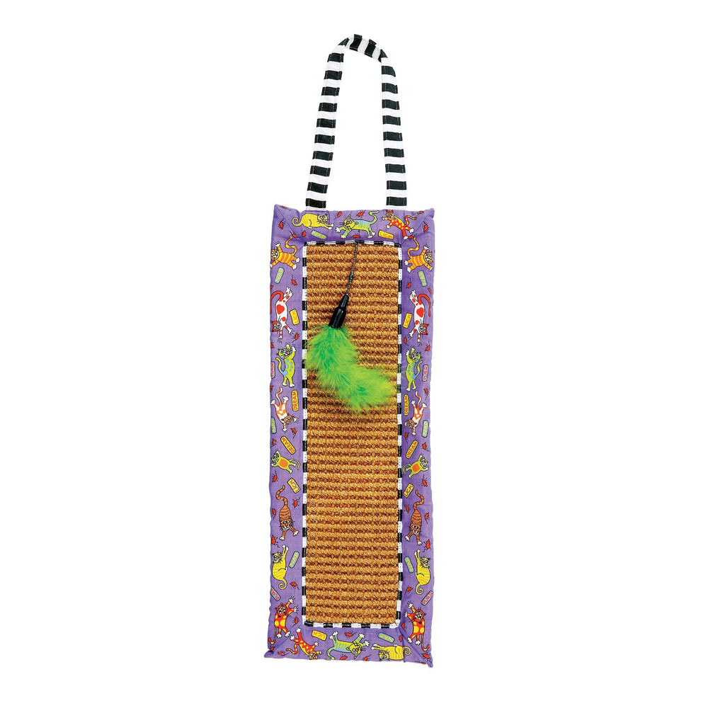 Check out the FAT CAT Scratchy Mat Doorknob Hanger by Fatcat, a vibrant cat scratcher featuring a natural sisal surface framed in purple fabric with cartoon designs. It includes a playful green feather toy, organic catnip, and an easy-hang black-and-white striped handle.