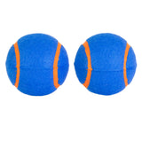 Two vibrant blue Chuckit! Squeaker Tennis Balls, each with orange curved seams, are side by side against a white background.