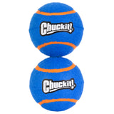 Two Chuckit! Squeaker Tennis Balls in a 2-pack, featuring blue with orange stripes and the brand logo, are stacked vertically—ideal for an exciting game of fetch.