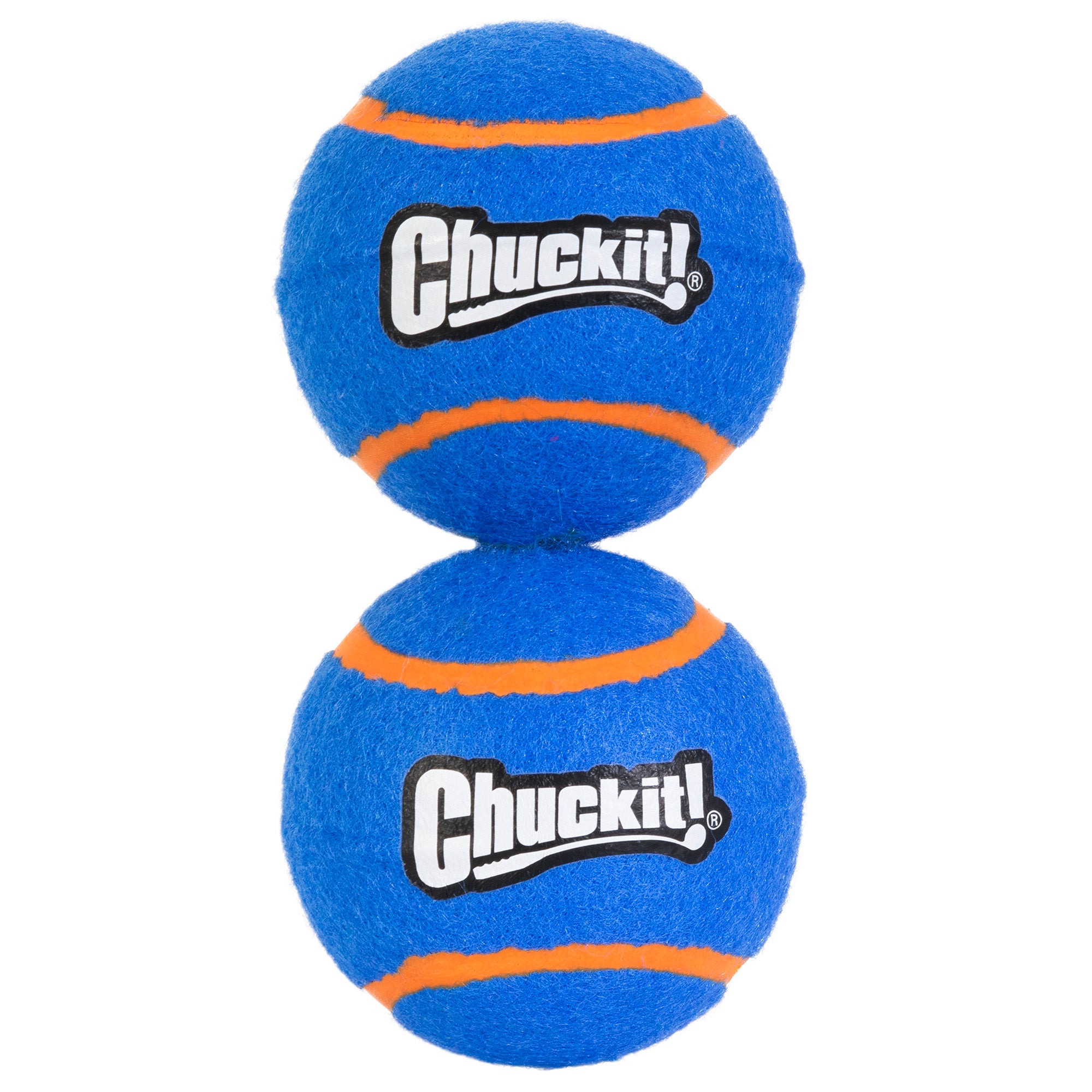 Two Chuckit! Squeaker Tennis Balls in a 2-pack, featuring blue with orange stripes and the brand logo, are stacked vertically—ideal for an exciting game of fetch.