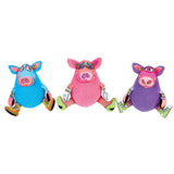 Three vibrant FAT CAT Gruntleys Mini Dog Toys by Fatcat in blue, pink, and purple feature colorful glasses and unique shoe designs in yellow, green, and multicolored patterns. They sit with stretched legs and include a playful pork-like sound device.