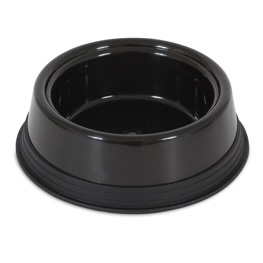 The JW Skid Stop Basic Bowl by Jw is a black, round, plastic pet dish with a skid-stop rubber base for stability on any surface. Featuring a wide base and smooth interior, this elevated bowl sits confidently on a white background, ready for use.