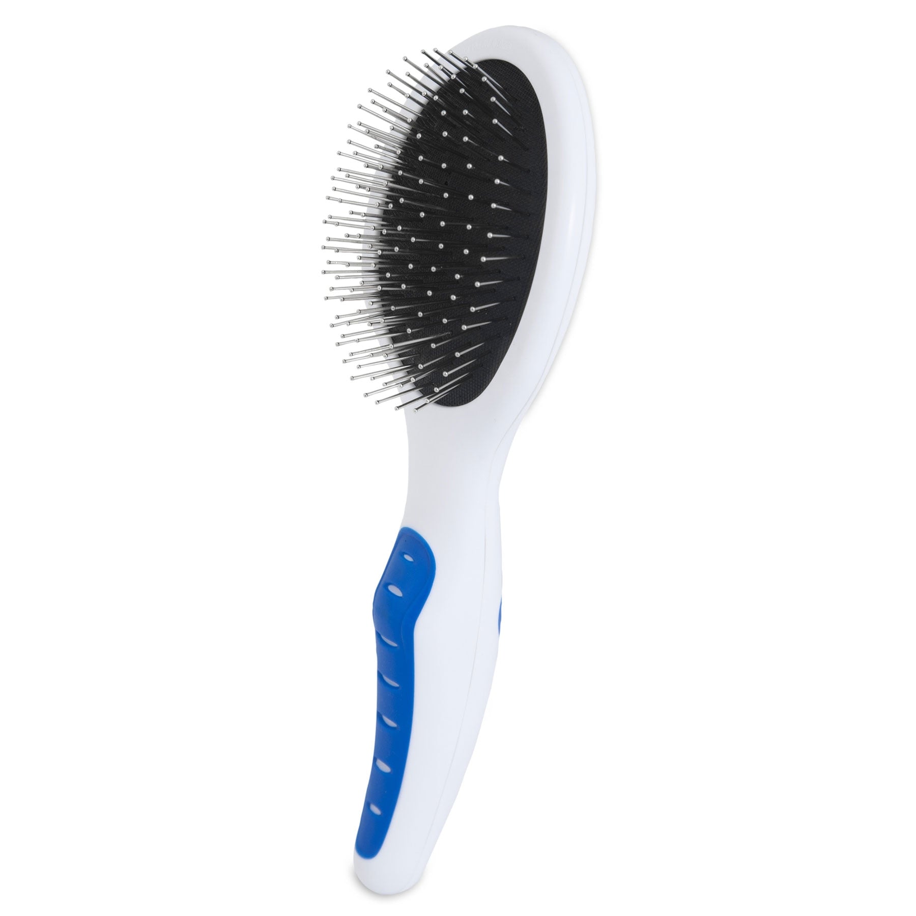 The JW Gripsoft Pin Brush by Jw features a white brush with metal bristles on a black cushion base and is equipped with a blue non-slip GripSoft handle. The brush is displayed upright, with bristles facing left.
