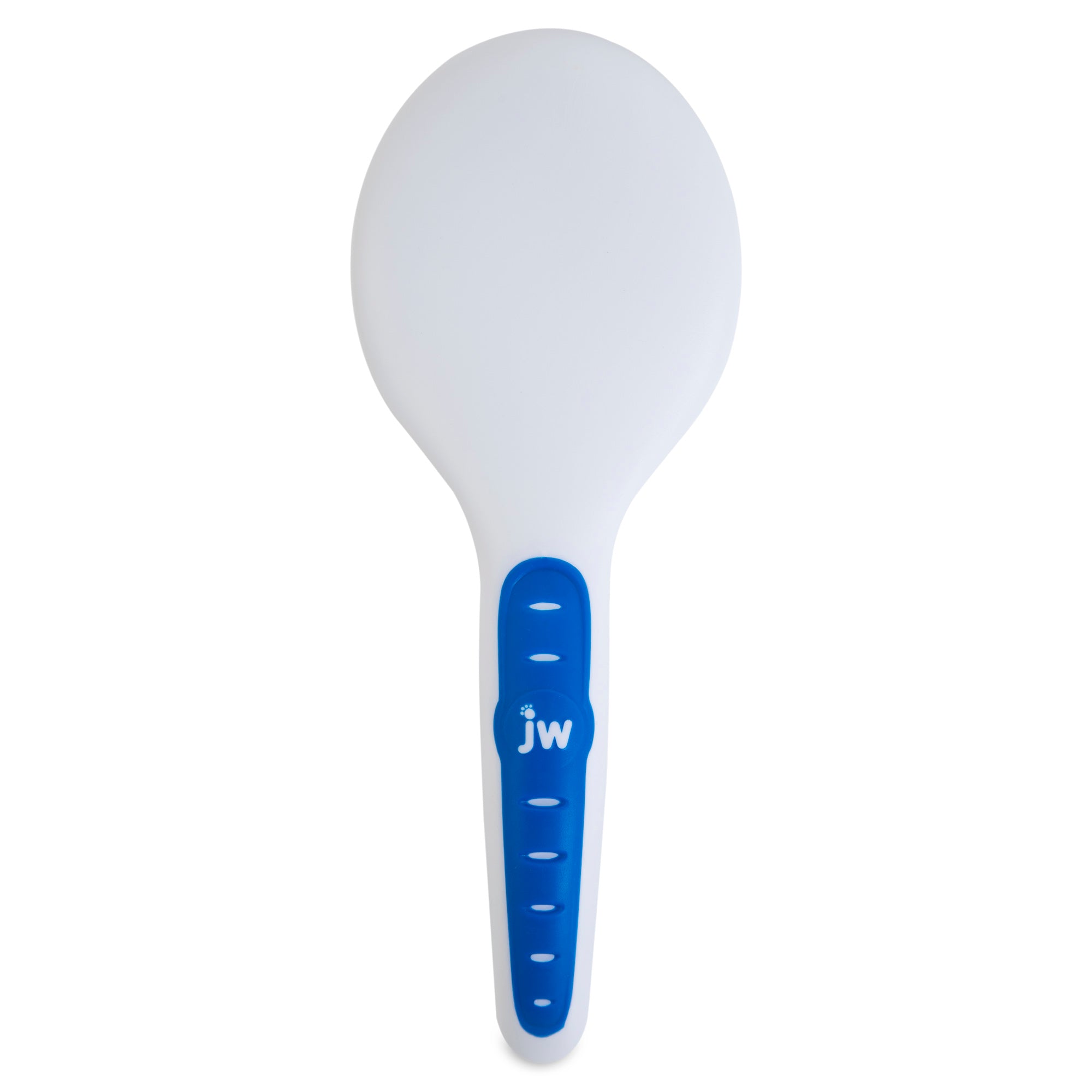 The JW Gripsoft Pin Brush, by Jw, is a plastic dog brush with a white round head and blue handle featuring jw. It offers non-slip grips with GripSoft technology and indented grooves for comfort.