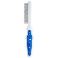 The JW Gripsoft Cat Comb features a stylish blue and white handle with fine metal teeth for comfort, showcasing the JW initials on the grip for an elegant grooming experience.
