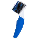 The JW Gripsoft Cat Brush by Jw is blue and white with black bristles. It boasts a curved handle for ergonomic grip, ideal for daily grooming to remove loose fur, detangle your pets coat, and manage shedding effectively.
