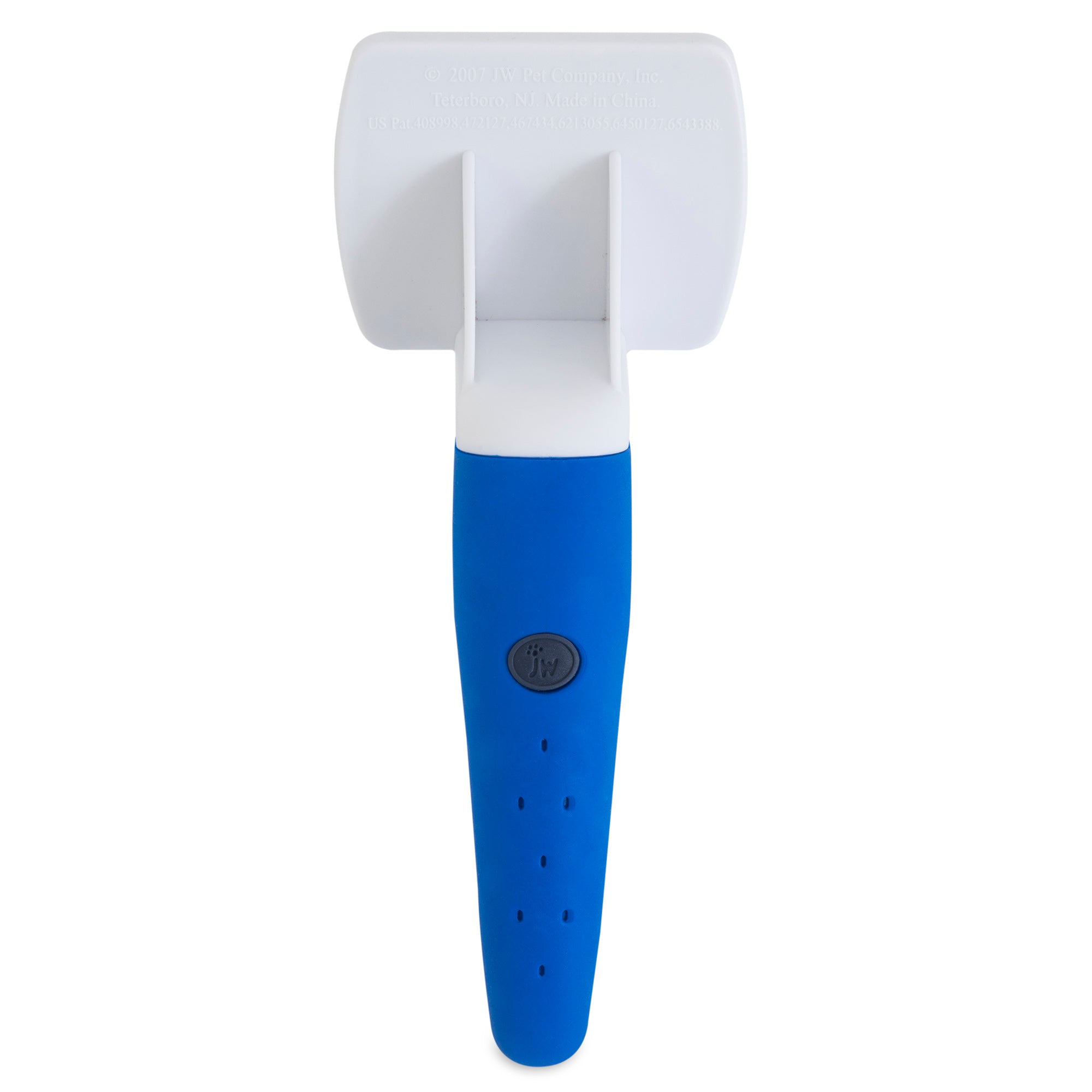 The JW Gripsoft Cat Brush by Jw features a blue and white design with a wide, rectangular head perfect for daily grooming. Its blue handle has black grip spots and the JW logo near the top, making it ideal for efficiently managing shedding fur while brushing your pets coat.