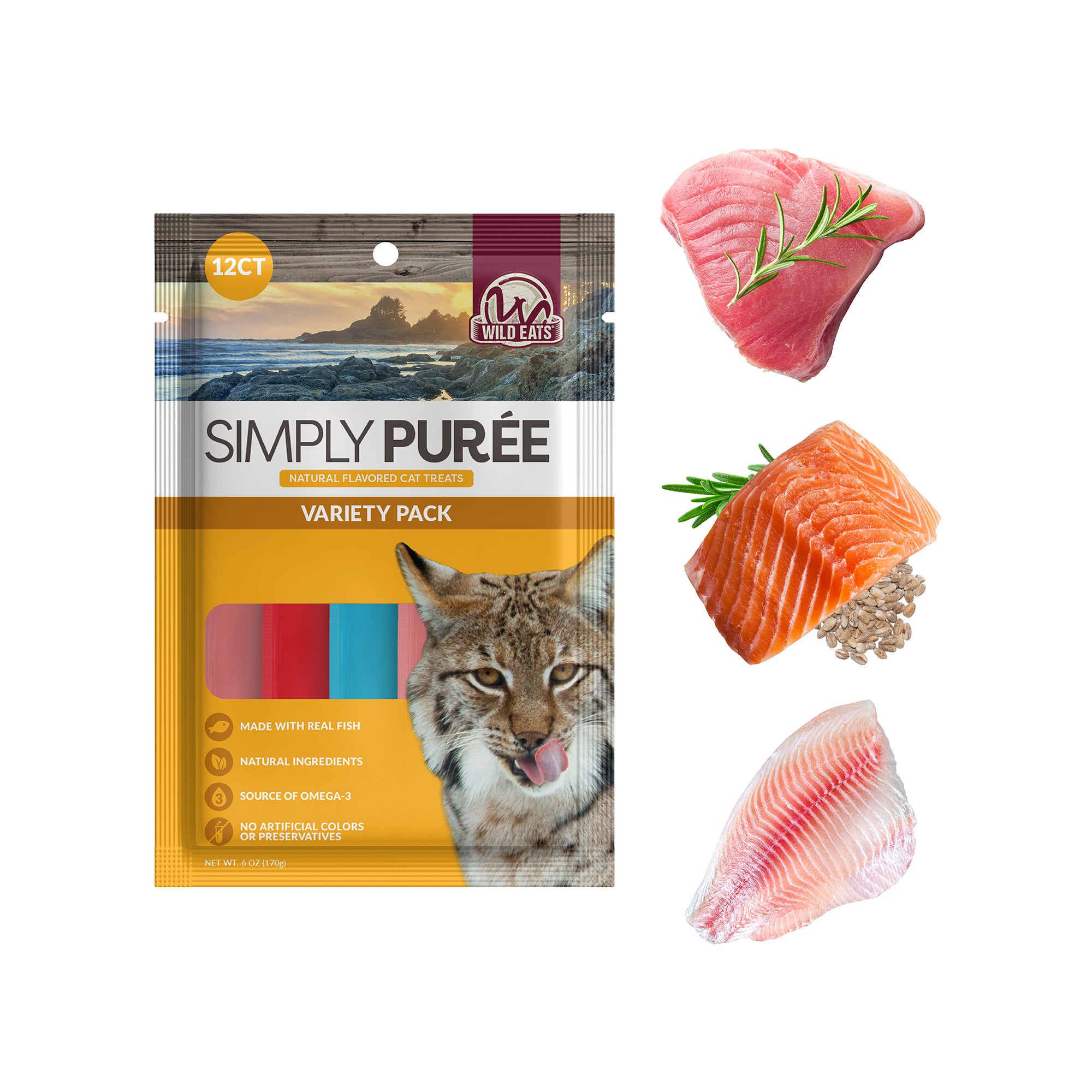 A package of Wild Eats Simply Puree Variety Pack cat treats features a lynx and Wild Eats label, highlighting natural pet food. Beside it are three fish varieties: pink fillet with rosemary, Omega-3 rich salmon slice, and white fish fillet.