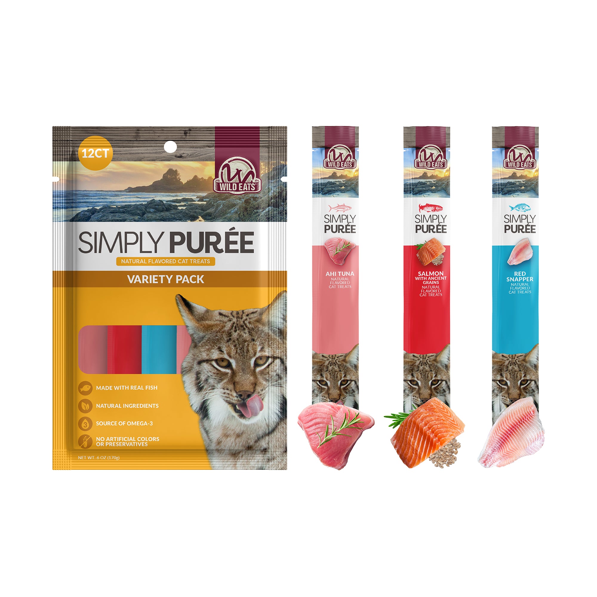 The packaging of Wild Eats Simply Puree Variety Pack showcases natural pet food, featuring a majestic lynx. It includes Ahi Tuna, Salmon, and Red Snapper single packs with fish images. These treats are rich in Omega-3 to support cat hydration and wellness.