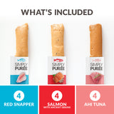 Image of three rolled purees labeled left to right: Red Snapper, Salmon with Ancient Grains, and Ahi Tuna. Each with fish illustration showing 4 for quantity. Top text says Whats Included. Wild Eats Simply Puree Variety Pack. Infused with Omega-3 for premium pet nutrition and cat hydration by Wild Eats.