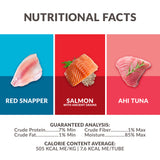 An image of Wild Eats Simply Puree Variety Pack nutritional facts featuring Red Snapper, Salmon with Ancient Grains enriched with Omega-3, and Ahi Tuna sections. Each includes a fish image, guaranteed analysis, and calorie information per kg and tube.