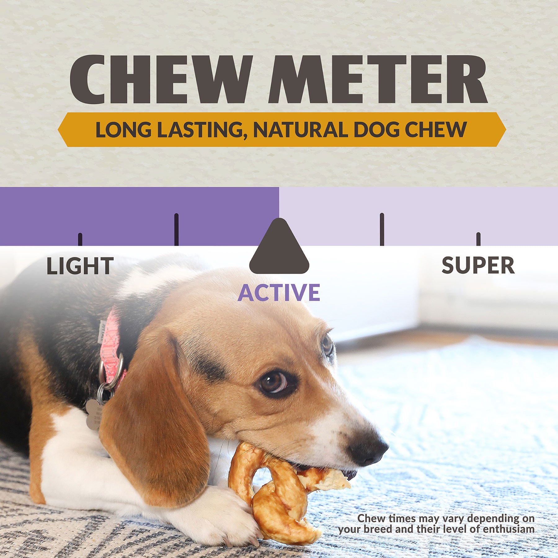A beagle is happily chewing on a Wild Eats Collagen Pretzel Duck Flavor Dog Treat spread out on a carpet inside. Above, a Chew Meter graphic shows the treat's chew level as Active, between Light and Super.