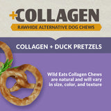 The packaging for Wild Eats Collagen Pretzel Duck Flavor Dog Treats by Wild Eats features text promoting these hydrolyzed collagen chews as rawhide alternatives with varying sizes, colors, and textures. An image displays pretzel-shaped treats and a sprig of rosemary.