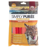 Packaging for Wild Eats Simply Puree Variety Pack cat treats showcases a cat image and highlights benefits: made with real fish, contains Omega-3 for hydration, and free from artificial colors or preservatives. This variety pack includes twelve natural pet food treats by Wild Eats.