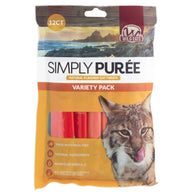 Packaging for Wild Eats Simply Puree Variety Pack cat treats showcases a cat image and highlights benefits: made with real fish, contains Omega-3 for hydration, and free from artificial colors or preservatives. This variety pack includes twelve natural pet food treats by Wild Eats.
