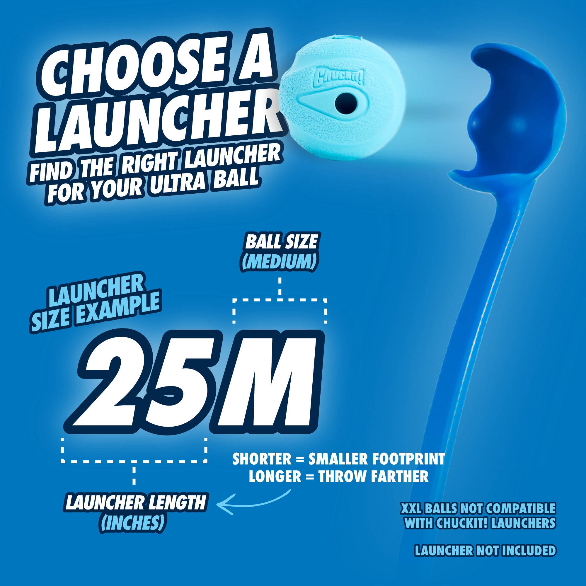 Image of a blue ball and launcher reads: Select Your Launcher. Find the Perfect Fit for Your Ultra Ball. Features a 25-inch model. Shorter launchers are compact, longer ones throw farther. Perfect for Chuckit! The Whistler Dog Toy fans who love high-bouncing fetch games.