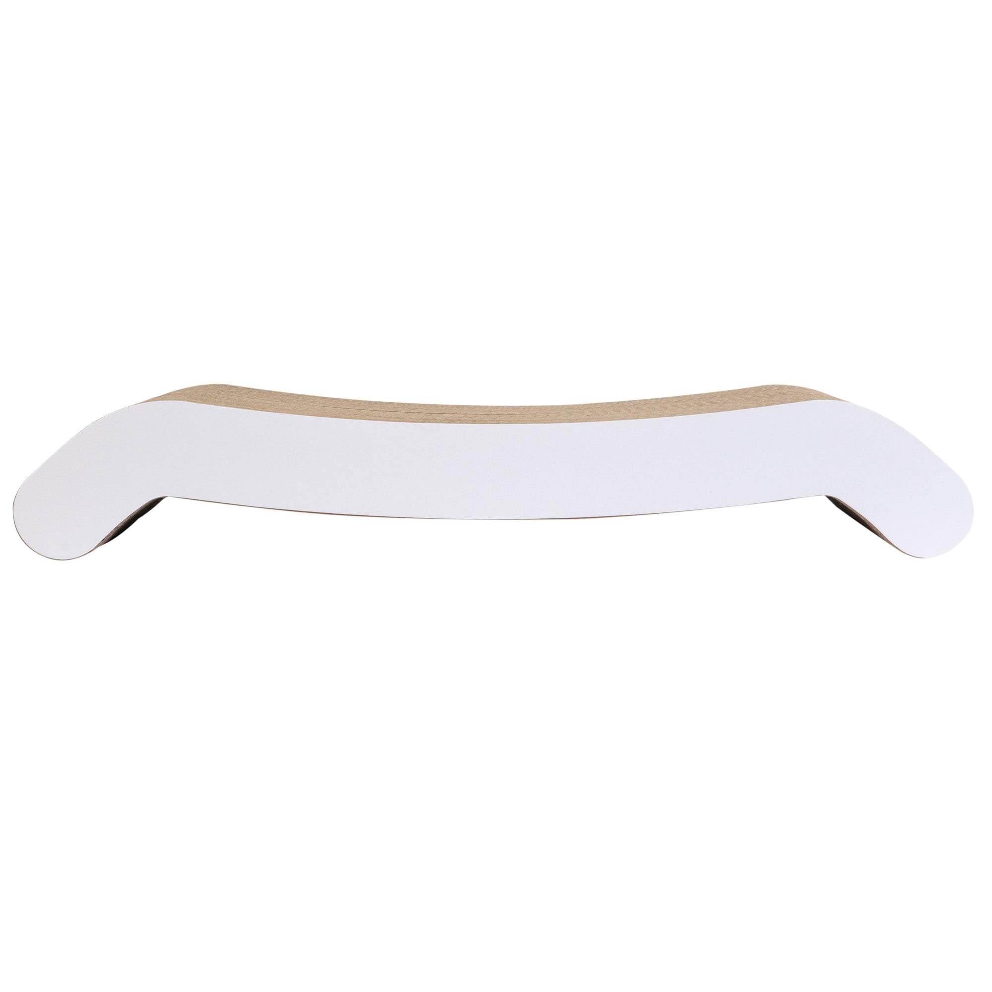The PetFusion Cat Scratching Flip Pad is a minimalist white board with curved ends, ideal for balance training. Its design is reminiscent of a premium cat scratcher, combining light-colored material for durability and elegance.