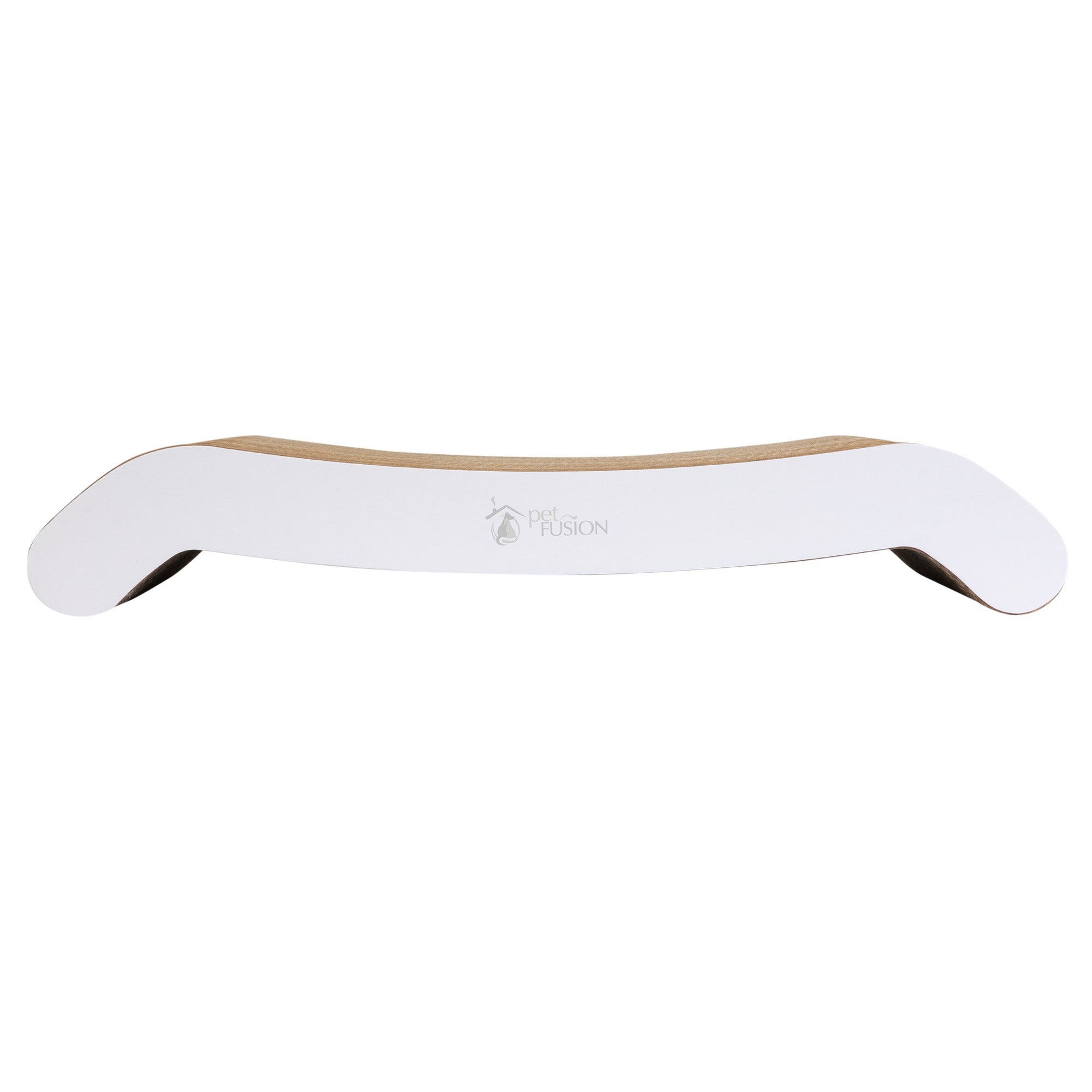The PetFusion Cat Scratching Flip Pad is a premium, modern curved scratcher with reversible white and brown surfaces. It features a central groove for fun and showcases the brand elegantly printed on the side. Perfect for cats to scratch or rest on this deluxe cardboard scratcher.