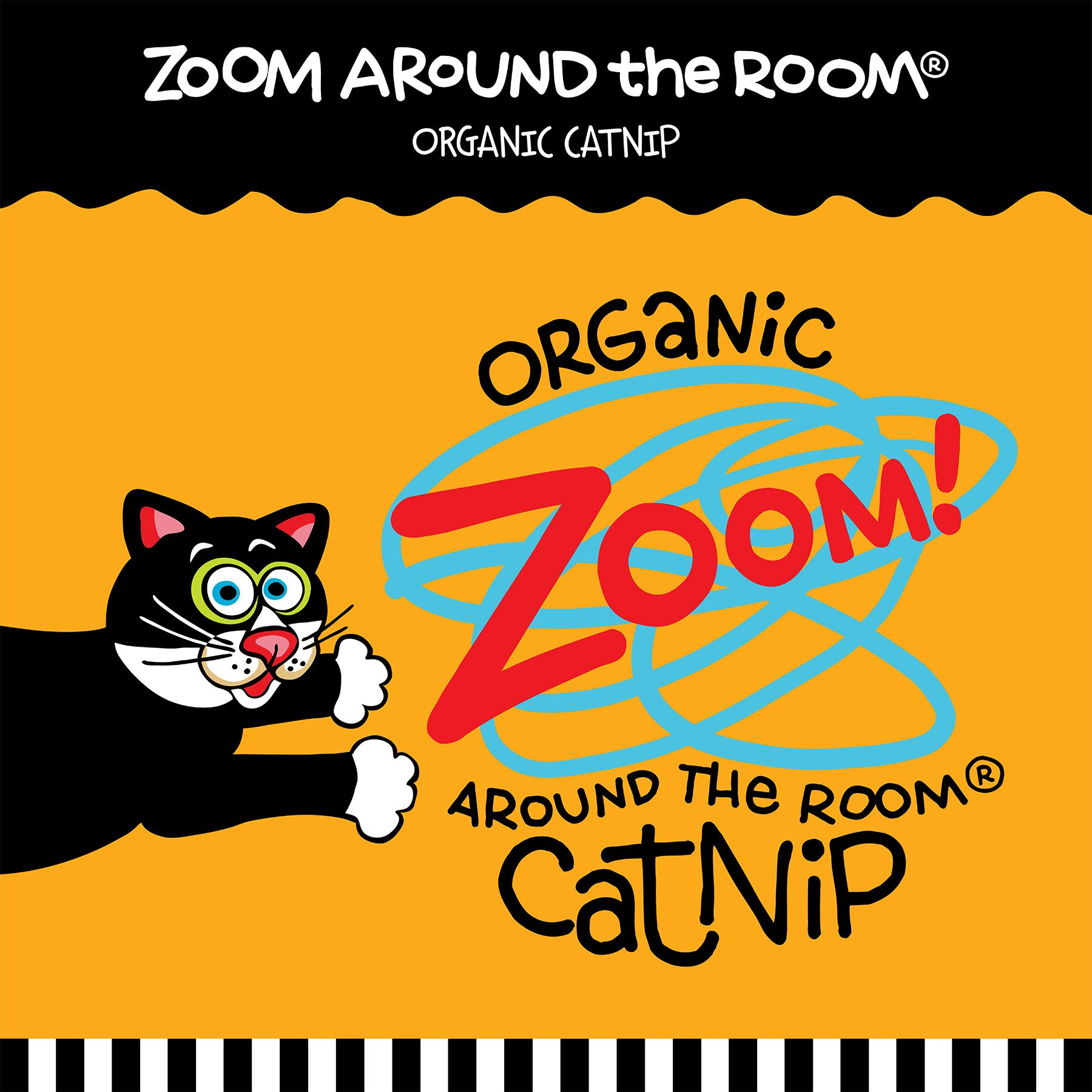 The illustrated packaging for FAT CAT Mouse Bouncer Doorknob Hanger Cat Toy by Fatcat features a playful cartoon cat with vibrant colors, large eyes, and an open mouth. The cat reaches a paw toward the product name on a yellow background, making it the purr-fect cat toy companion.