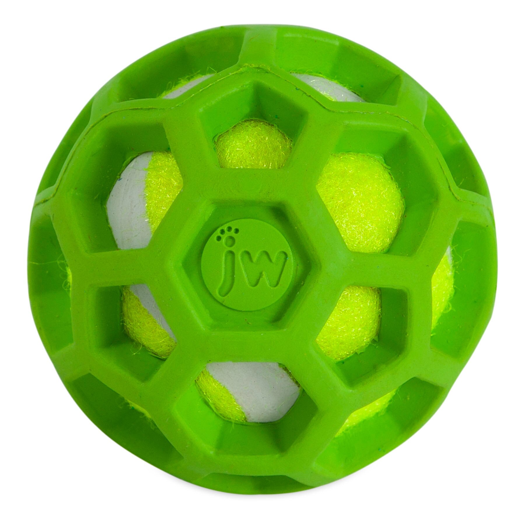 The JW ProTen Hol-ee Roller Dog Toy by Jw is a durable rubber toy with hexagonal cutouts, revealing a yellow and white tennis ball inside. Perfect for fetch, the ball features jw embossed on top, promising endless fun for your furry friend.