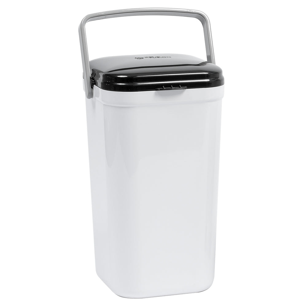 The PetFusion Portable Cat Litter Disposal System by Pet Fusion is a tall, rectangular white trash can with a black lid and silver handle. Designed for odor control, it’s sleek, modern, and perfect for cat litter disposal. Use biodegradable bags to enhance its eco-friendly design.
