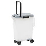 The PetFusion BetterBin by Pet Fusion is a clear litter storage container with a gray lid, black handle, and four wheels. Made from durable plastic, it features an extended handle and side grip for easy portability.
