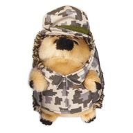 The Zoobilee Army Heggie Dog Toy is a plush hedgehog wearing a durable camo jacket and hat, perfect for play. It grunts for added fun and charms with its cute round face and small black nose.