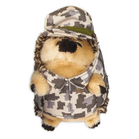 The Zoobilee Army Heggie Dog Toy is a plush hedgehog wearing a durable camo jacket and hat, perfect for play. It grunts for added fun and charms with its cute round face and small black nose.