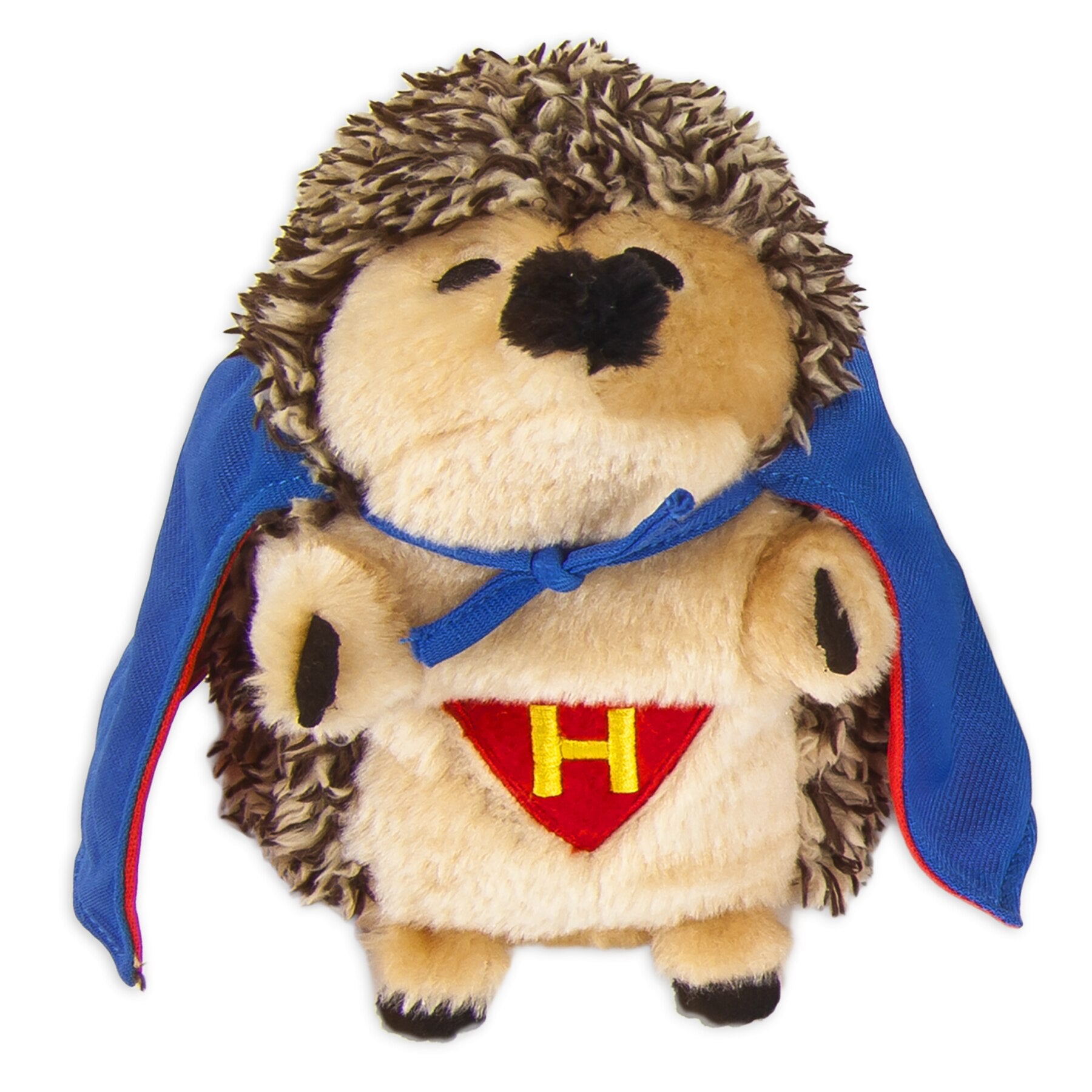 The Zoobilee Super Hero Heggie Dog Toy by Zoobilee features a plush hedgehog dressed as a superhero, complete with a blue cape and red outfit with a yellow H. Its fluffy gray-beige fur, small black eyes, and nose make it ideal for endless hugs.