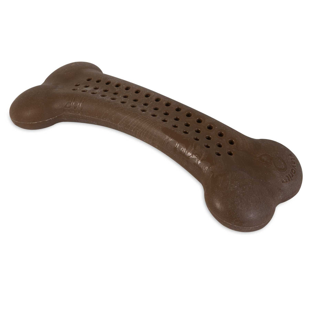 Introducing the BarkBone Natural Instincts Mesquite Chicken Flavorit Nylon Dog Chew by Barkbone Natural Instincts: a brown, bone-shaped toy with rounded ends and textured surface for grip, infused with Mesquite Chicken Flavor and small holes to entice chewing. Crafted from durable nylon, perfect for playtime.