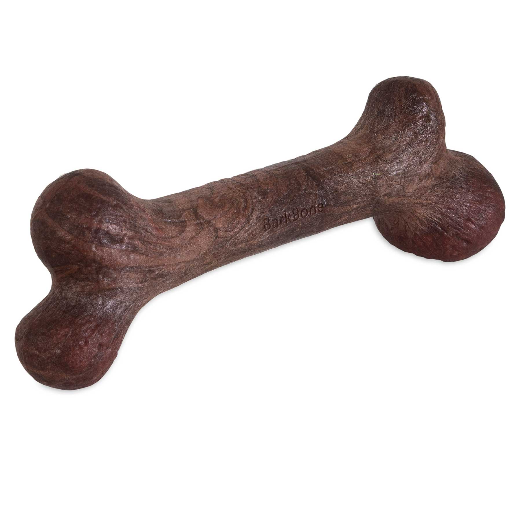 A brown BarkBone shaped like a bone, with BarkBone embossed on its side and a wood grain texture, rests on a white surface. This large dog chew toy from Petqwerks is steak-infused and resembles Dinosaur Nylon Chews.