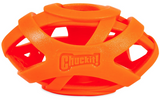 The Chuckit! Fetch & Float Toy Bundle includes an orange, hollow rubber football-shaped dog toy with open lattice sides and the Chuckit logo, designed to float—perfect for water fetch and play.