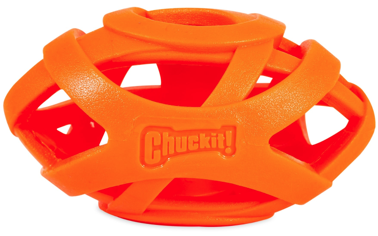 The Chuckit! Fetch & Float Toy Bundle includes an orange, hollow rubber football-shaped dog toy with open lattice sides and the Chuckit logo, designed to float—perfect for water fetch and play.