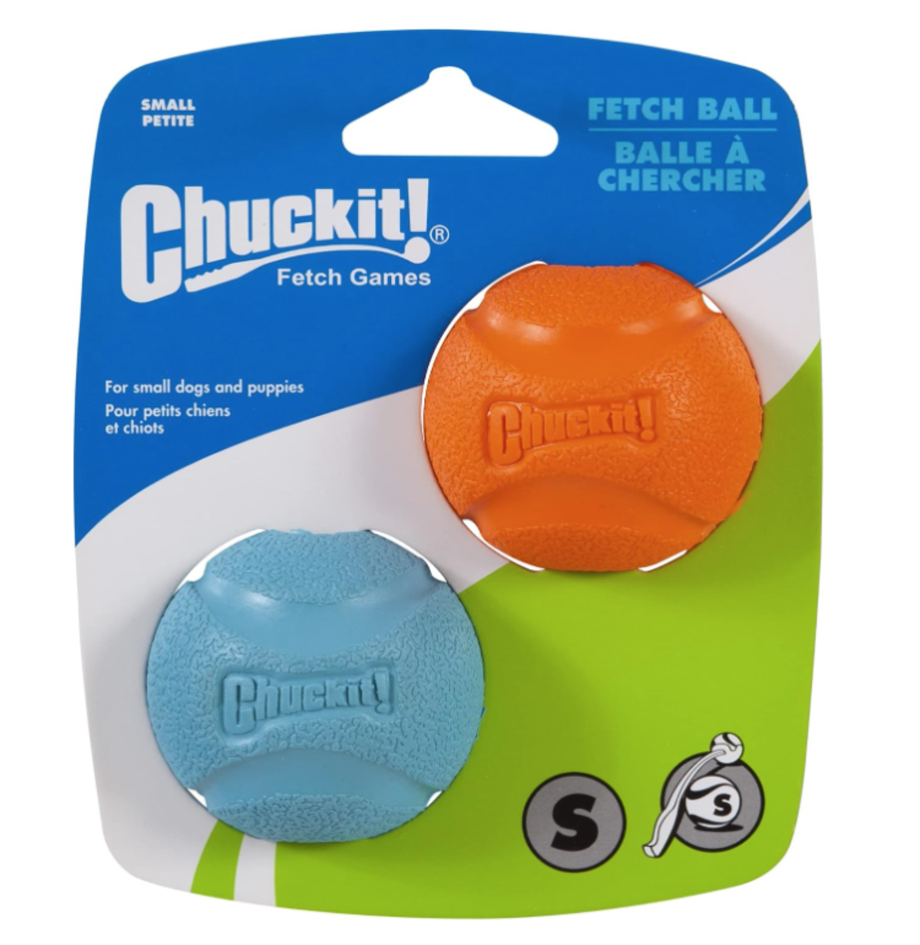 The Chuckit! Fetch Ball Dog Toy packaging displays two colorful, high-bounce balls, one orange and one blue. Labeled as Small Petite with bilingual text and a playful dog image, these balls are perfect for pairing with Chuckit launchers for endless fun.