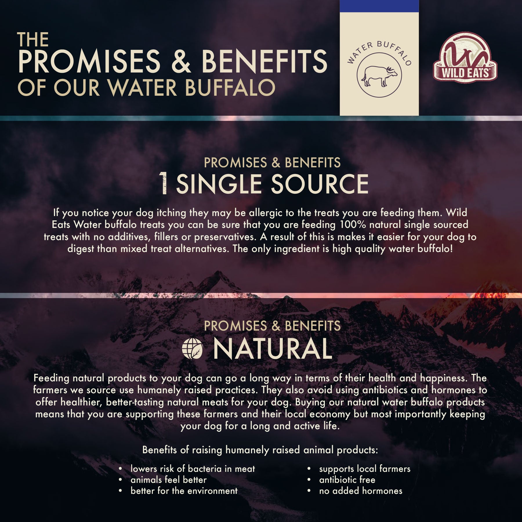Infographic titled The Promises & Benefits of Wild Eats Braided Paddywack features logos for Water Buffalo and Wild Eats, highlighting the natural perks of using single-source, allergy-free, hormone-free dog chews that support dental health.