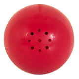 The Pet Qwerks Animal Sounds Babble Ball by Petqwerks is a red, shiny, spherical toy with a hole and multiple smaller ones on one side for treat dispensing, making it an enticing interactive dog toy.
