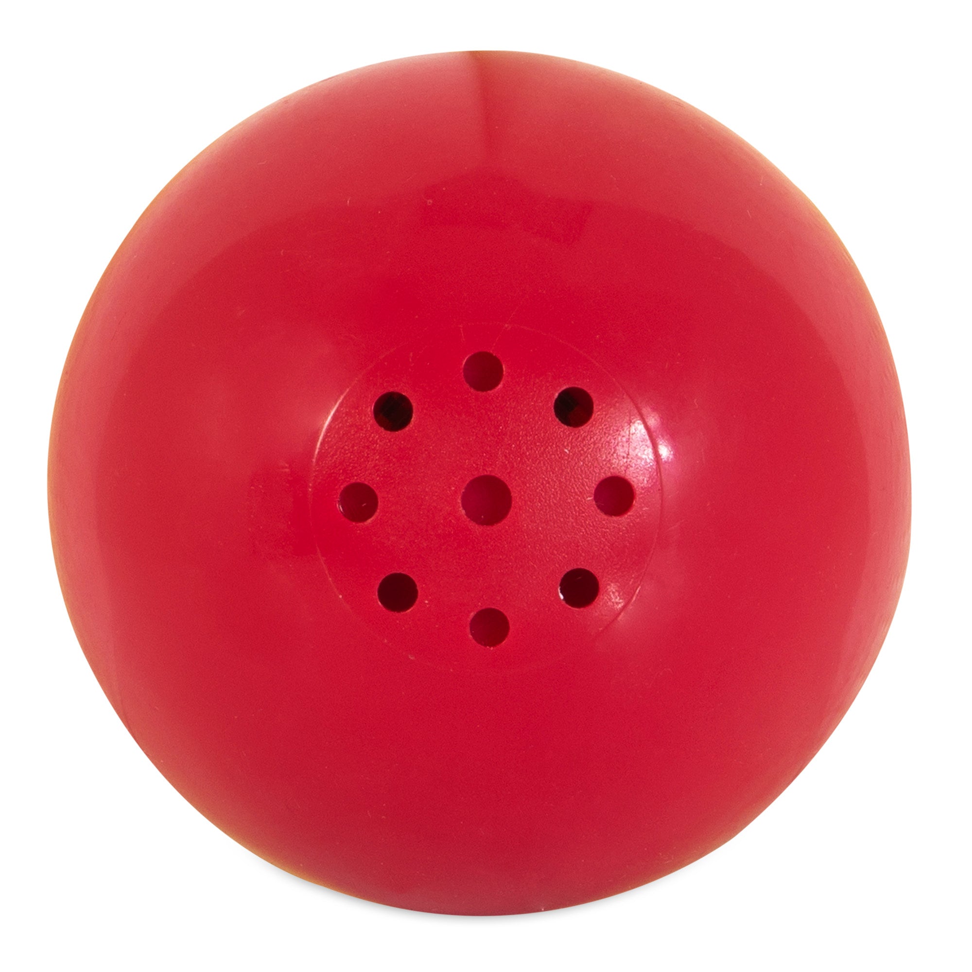 The Pet Qwerks Animal Sounds Babble Ball by Petqwerks is a red, shiny, spherical toy with a hole and multiple smaller ones on one side for treat dispensing, making it an enticing interactive dog toy.
